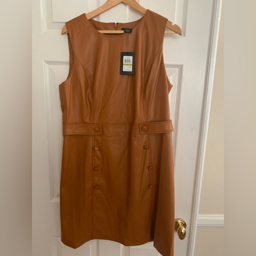 NWT DKNY Dress: Toffee Color, Faux Leather, Shift, Crewneck, Back Zip, 14